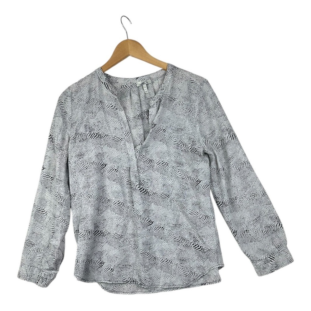 Joie 100% Silk Long Sleeve V-neck Dotted Blouse size Medium White/Black